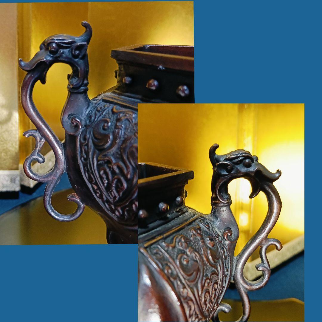 AL5 香保 金工師 香炉 蝋型 高岡銅器 麒麟摘 象足 三足 共箱