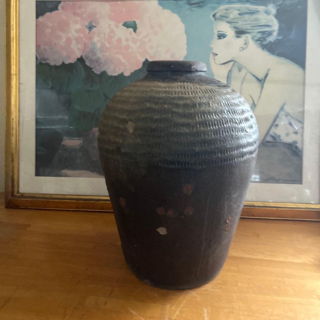 神楽焼　大壺　骨董品　ブロンズ色陶器の大きめの壺