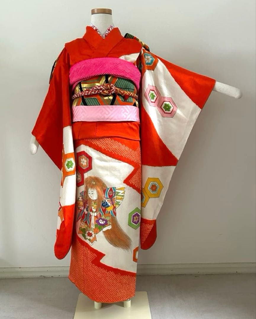 7歳　七五三　正絹着物　手描き古典柄　帯　帯揚げ　帯締め　しごき　セット