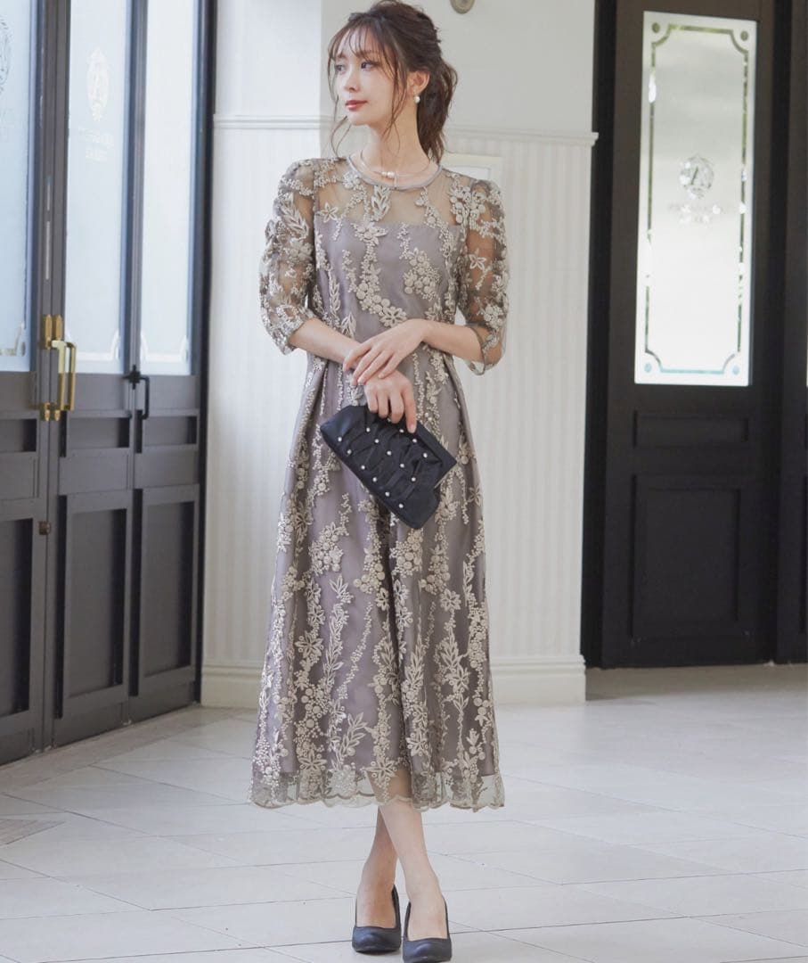 niana 刺繍レース バックリボン パーティードレス