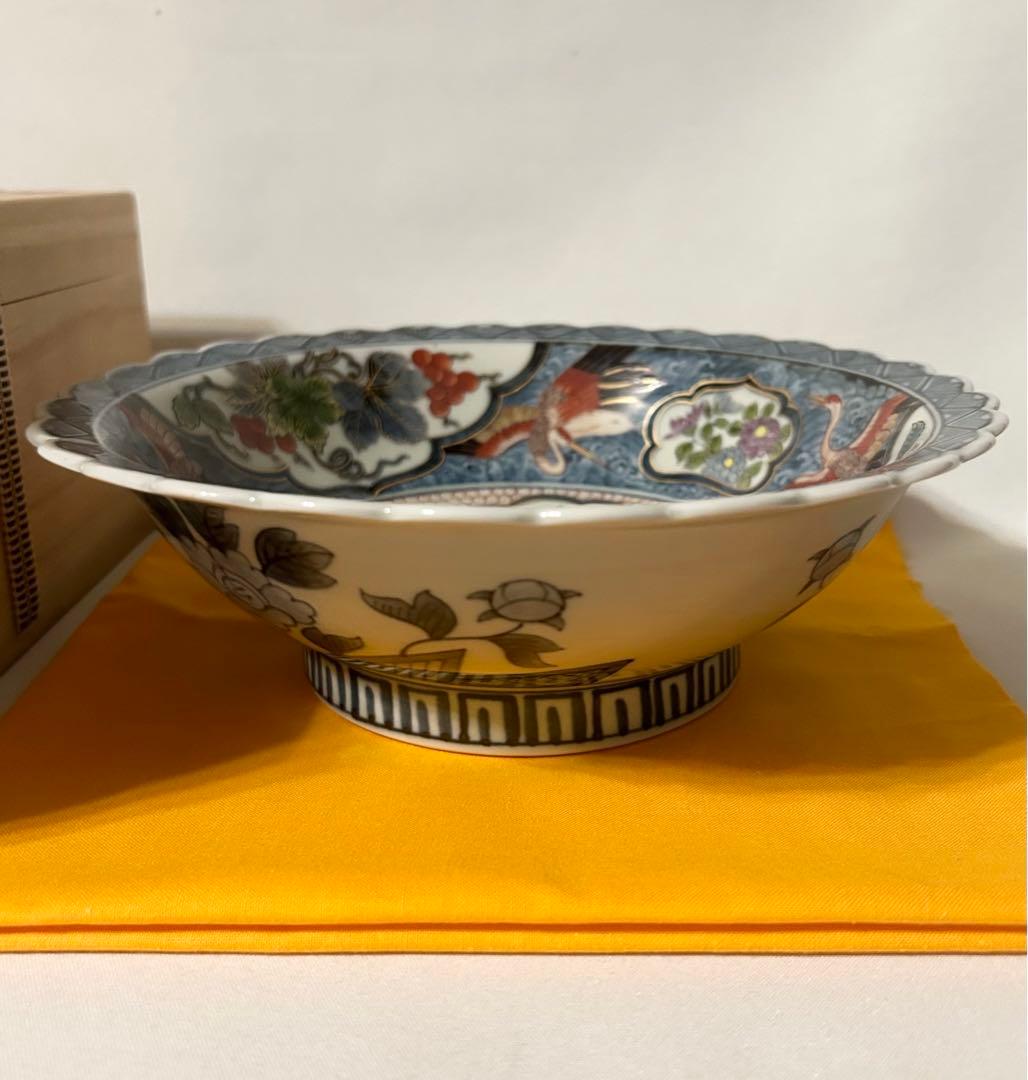 献上手染錦 お鉢 伊万里焼 福右衛門 鉢 茶道具 菓子鉢 鶴 縁起 寿 金継ぎ