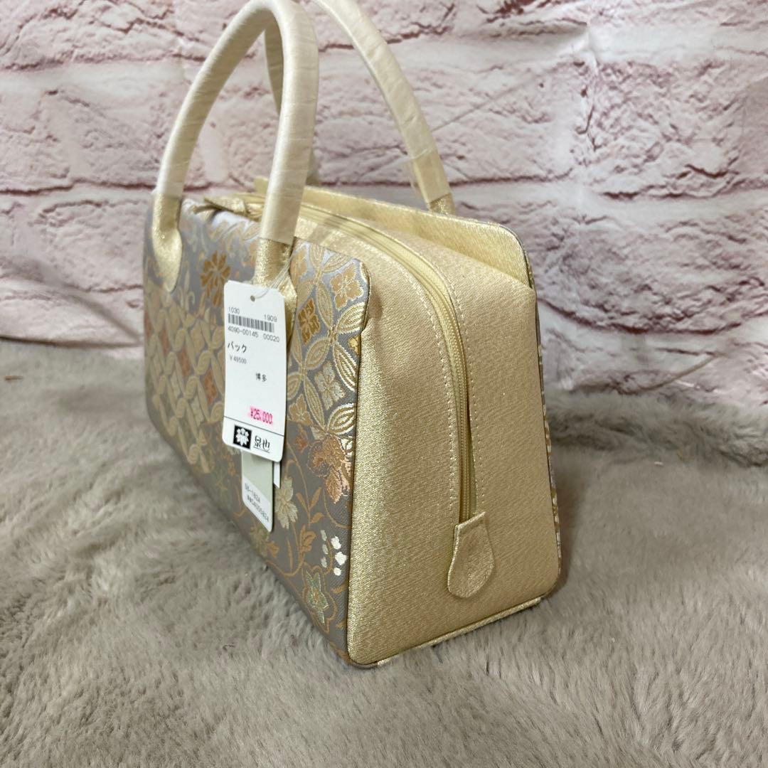 和装用バッグ 金色と銀色の花柄　着物　絹　シルクガード　未使用
