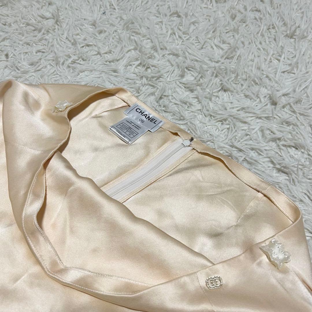 CHANEL シルク100% ココマーク パール リボン 光沢 フレアスカート