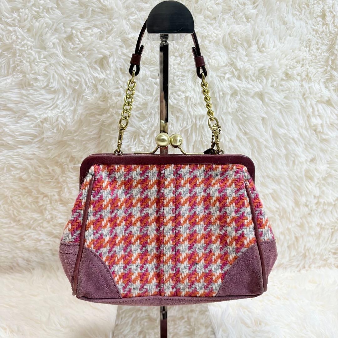 コーチ 8F45 がま口ポーチ ミニバッグ パーティーバッグ ツイード スエード