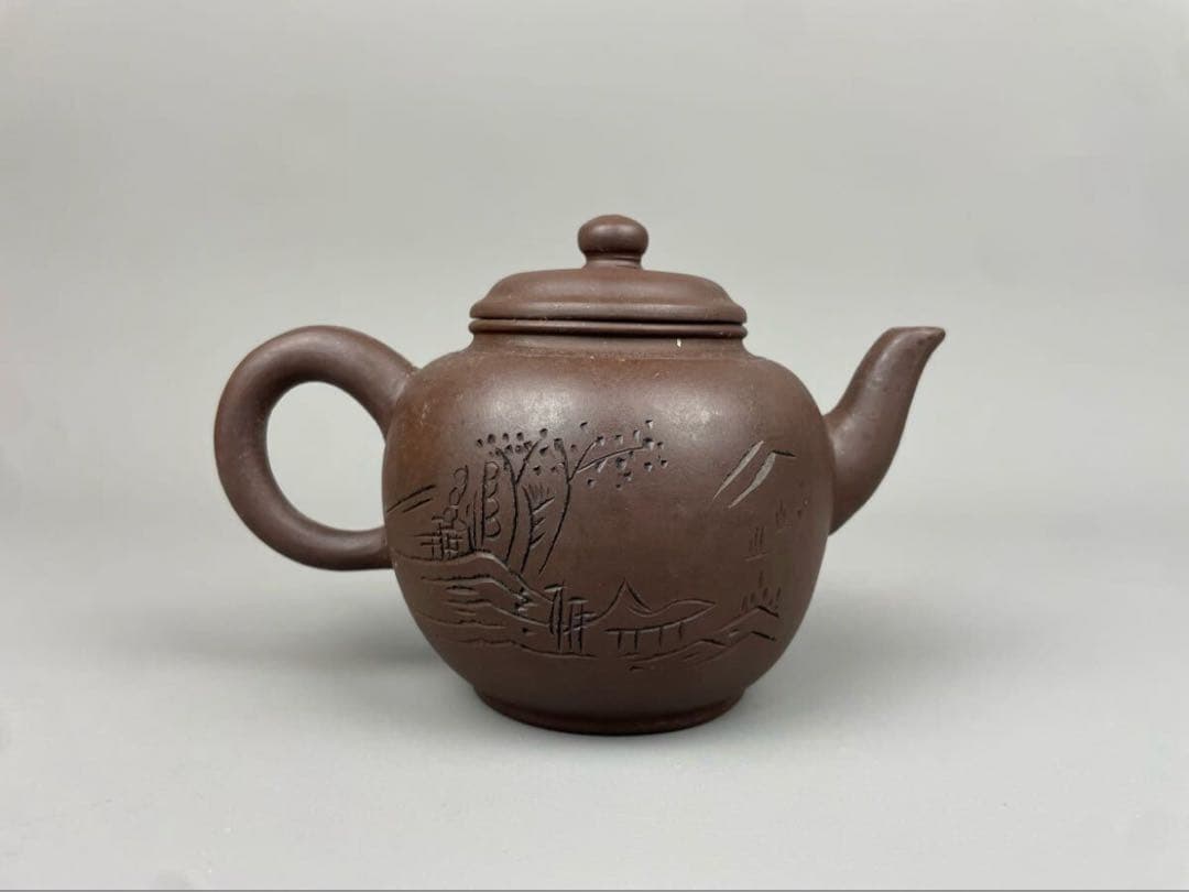 朱泥急須 漢詩山水紋刻 後手急須 煎茶道具 紫砂壷 茶壺 茶器 唐物 紫砂