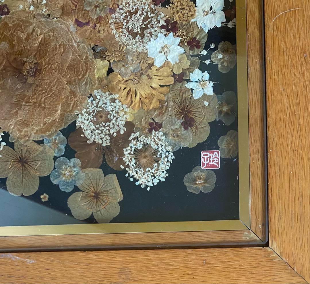 アンティーク★銘入りの押し花天板テーブル　美しい押し花作品を惜しげもなく天板に