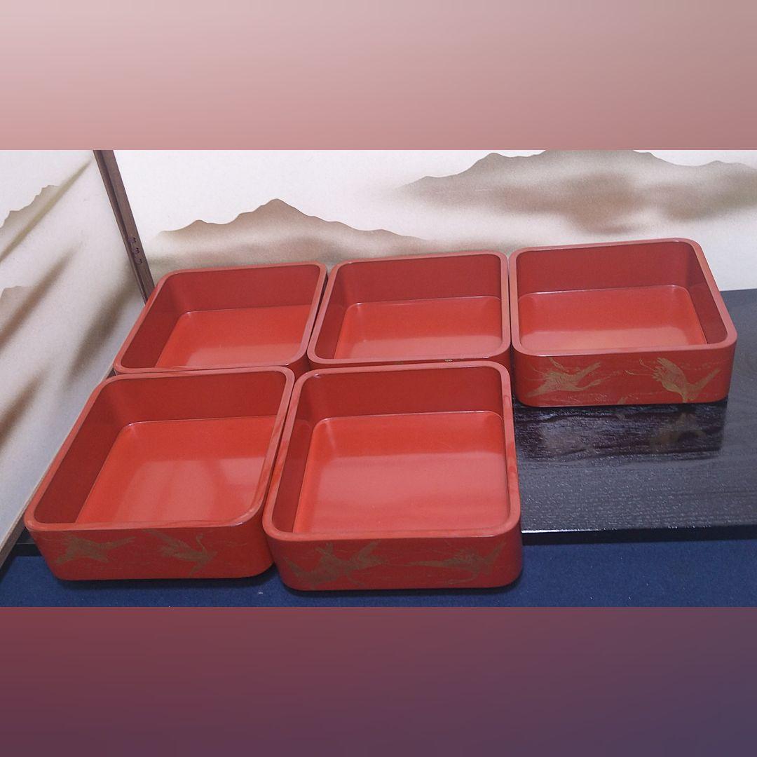 AG82 輪島塗 五段重 朱漆塗 沈金蒔絵 家紋 鶴図 厚塗り 角丸 替蓋 木箱