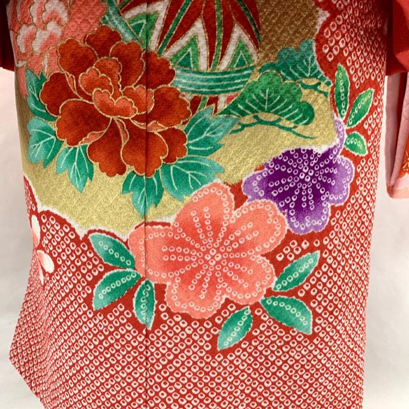 511ag72□七五三 三歳 女児 着物&被布&長襦袢 金彩 鹿子 御所車□美品