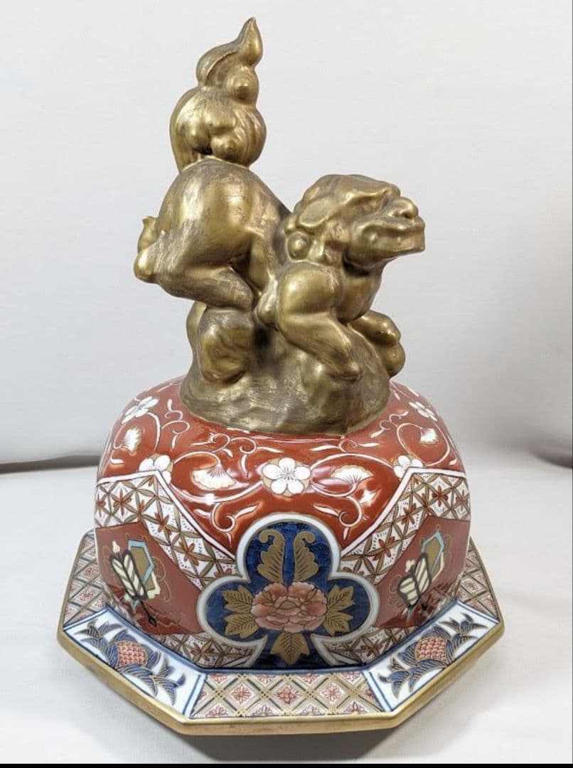 未使用　有田焼　沈香壺　色絵 神右衛門作　七福神　特大八角三段　総手描 干支龍