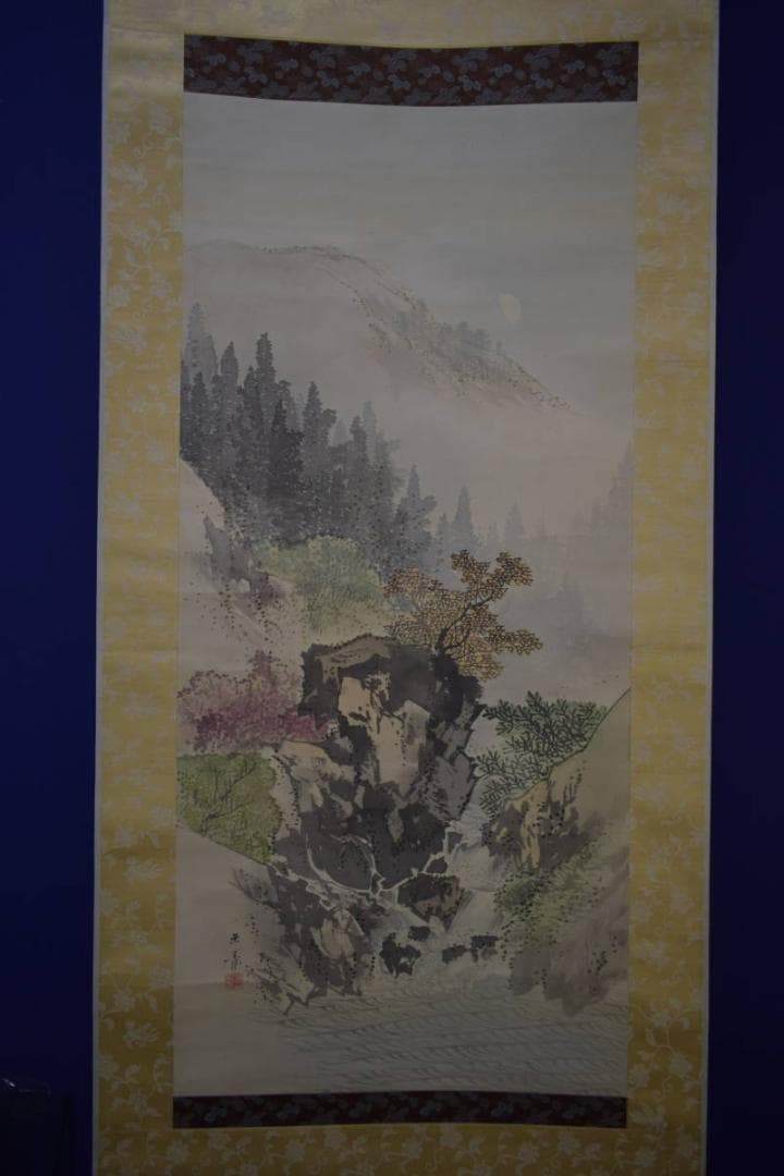 真作/川端玉章/月下山水図/絹表装/布袋屋掛軸HJ-81