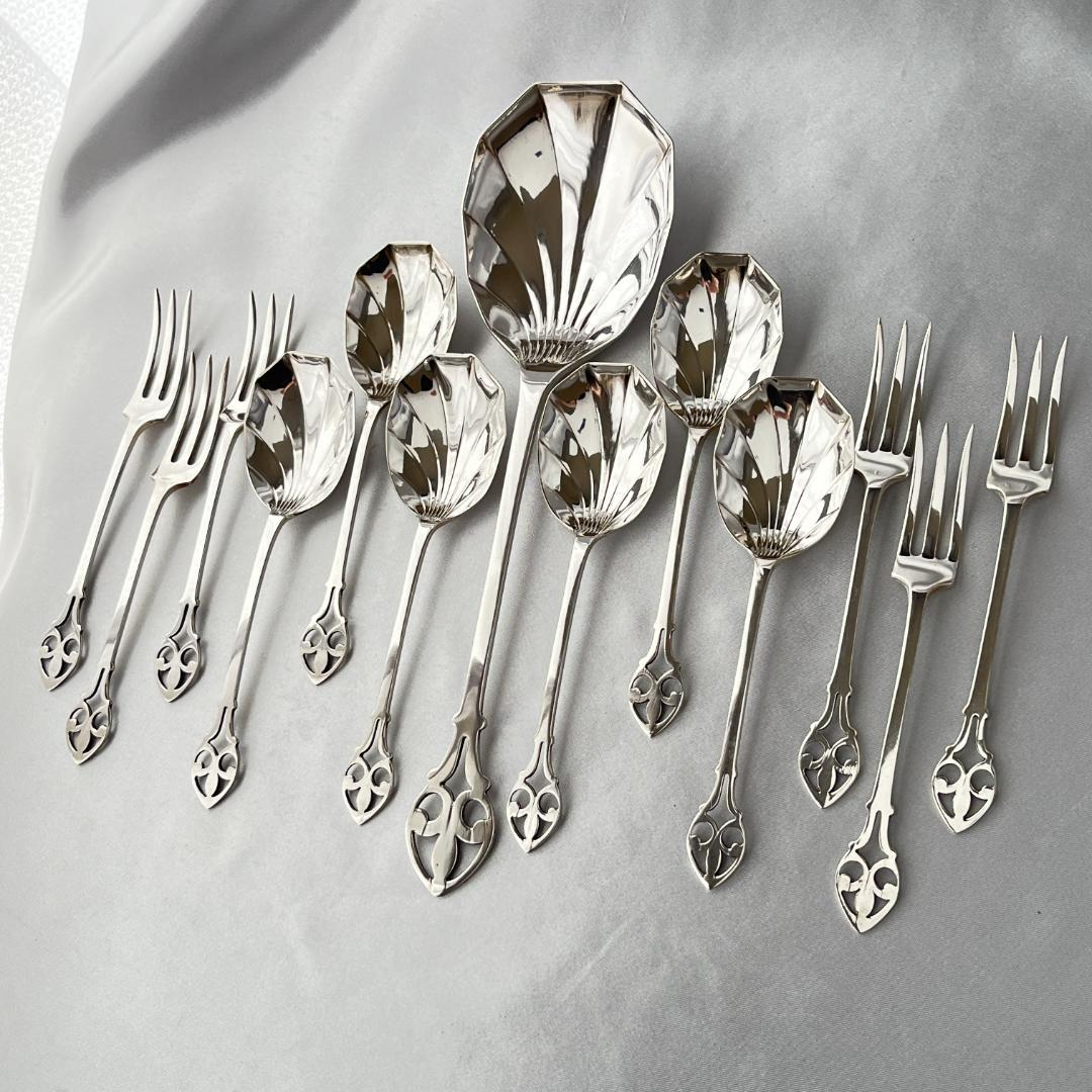 【英国】 透かしのアイスクリームセット スプーン / フォーク サーバー ケース