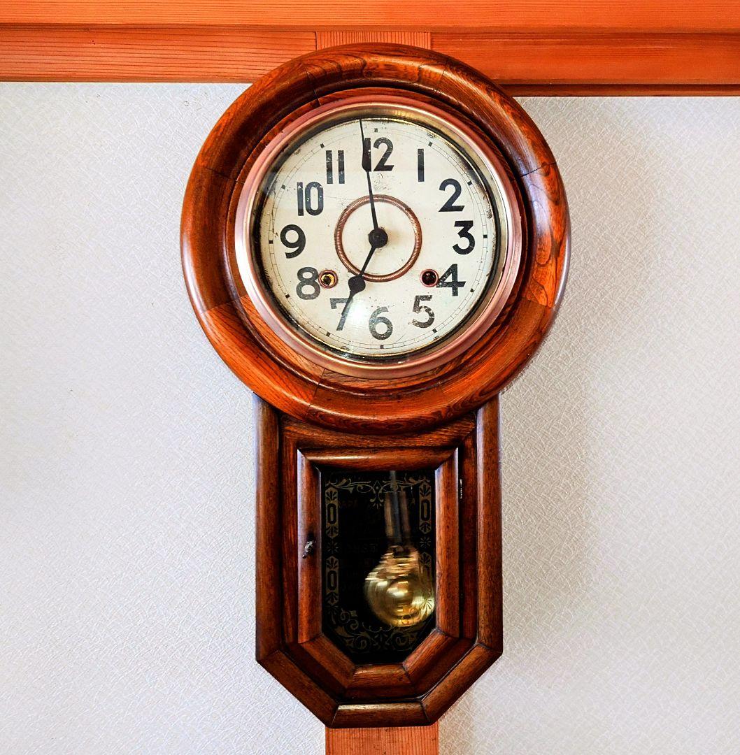 〈完動・美品〉尾張時計地球馬印　木地丸尾長ゼンマイ振り子時計 ボンボン時計古時計
