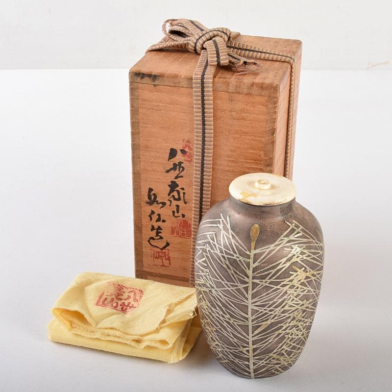 Yuki八世乾山山本如仙造　色絵乾山　茶入　銘「若松」共箱　M　R5129