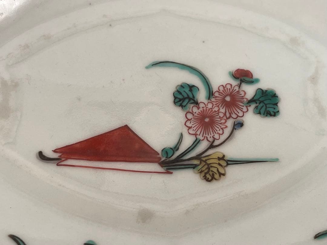 骨董　アンティーク　色絵古九谷　菊図　変形皿　小皿　重陽節句　古九谷　初期伊万里