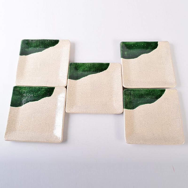 和食器　京焼　吉村楽入造　織部　銘々皿　四方皿　五客　共箱　V　R7987