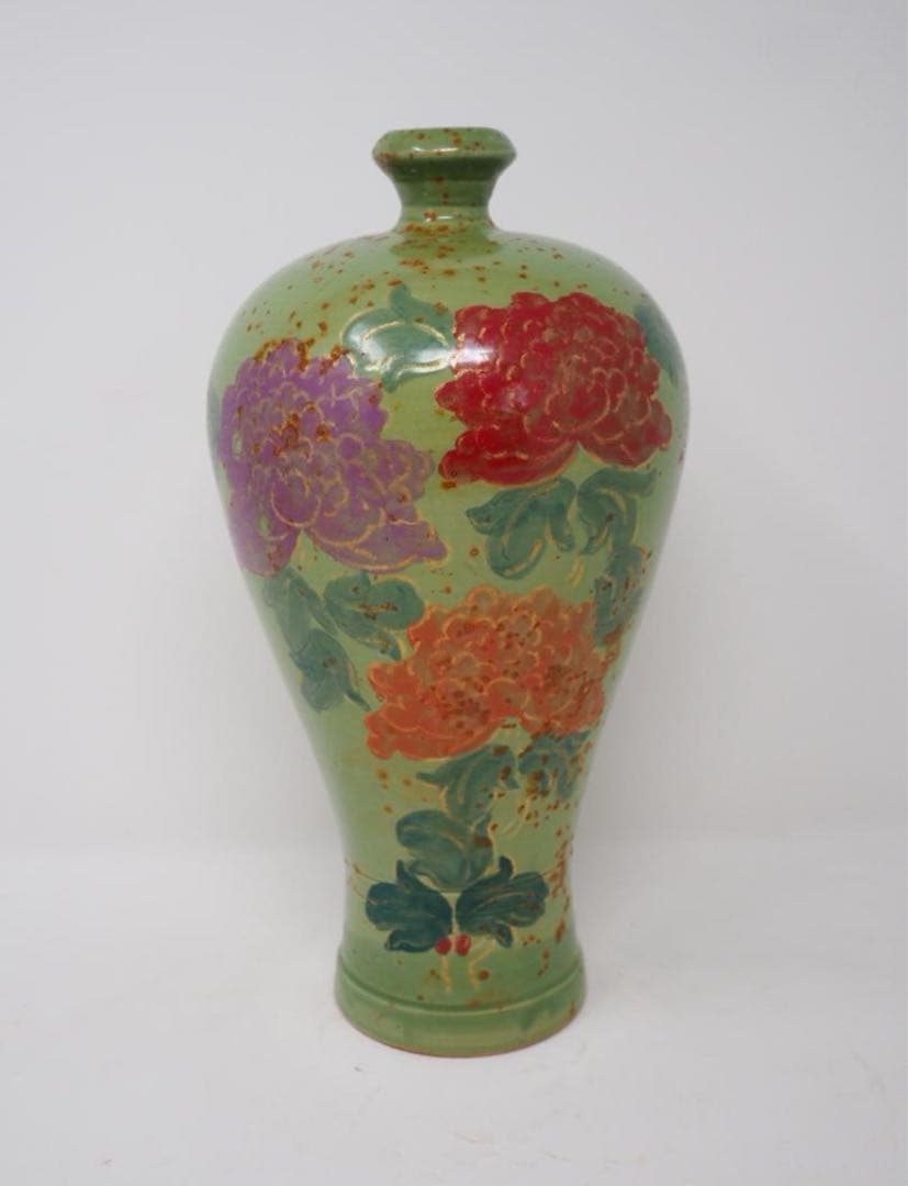 中国 古美術品　壺　貴重　茶道具花瓶　壺　　グリーン　花絵　中陶器