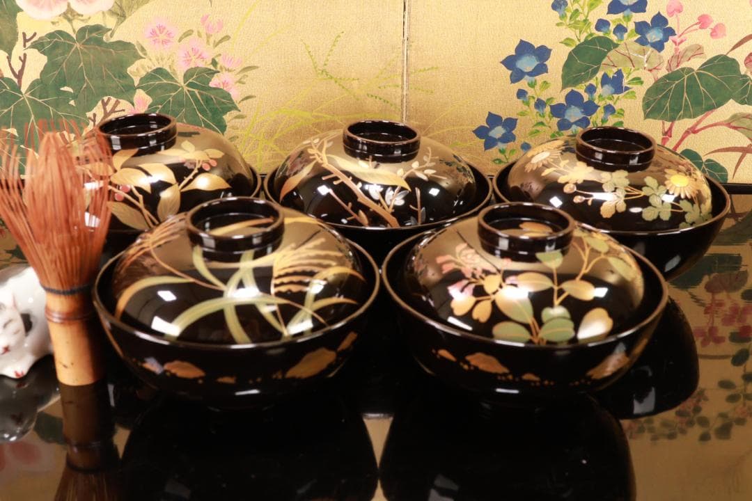 輪島塗　図替わり　草花蒔絵　吸物椀　五客　木製　BJ119