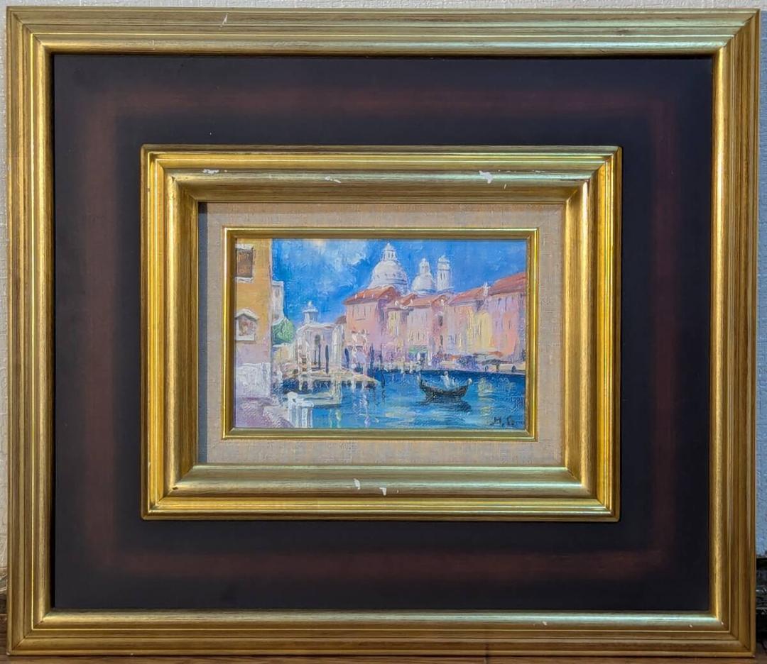 【真作】絵画　油彩　ヴェネツィアの運河風景　ゴンドラのある街並み　Y159