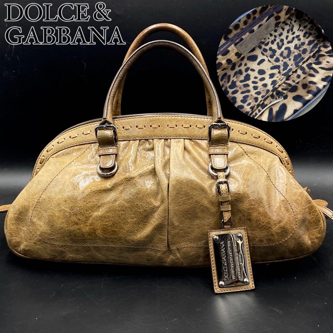 ドルチェ＆ガッバーナ 内側レオパード柄 ハンドバッグ ブラウン レザー