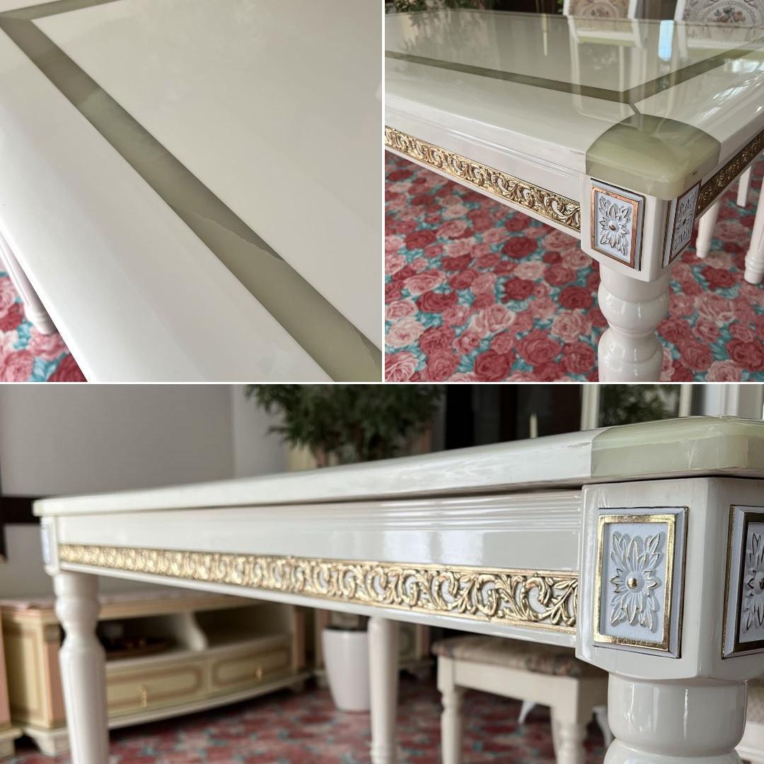 k531r122 グリーンの天然石が埋め込まれたエレガントなダイニングセット