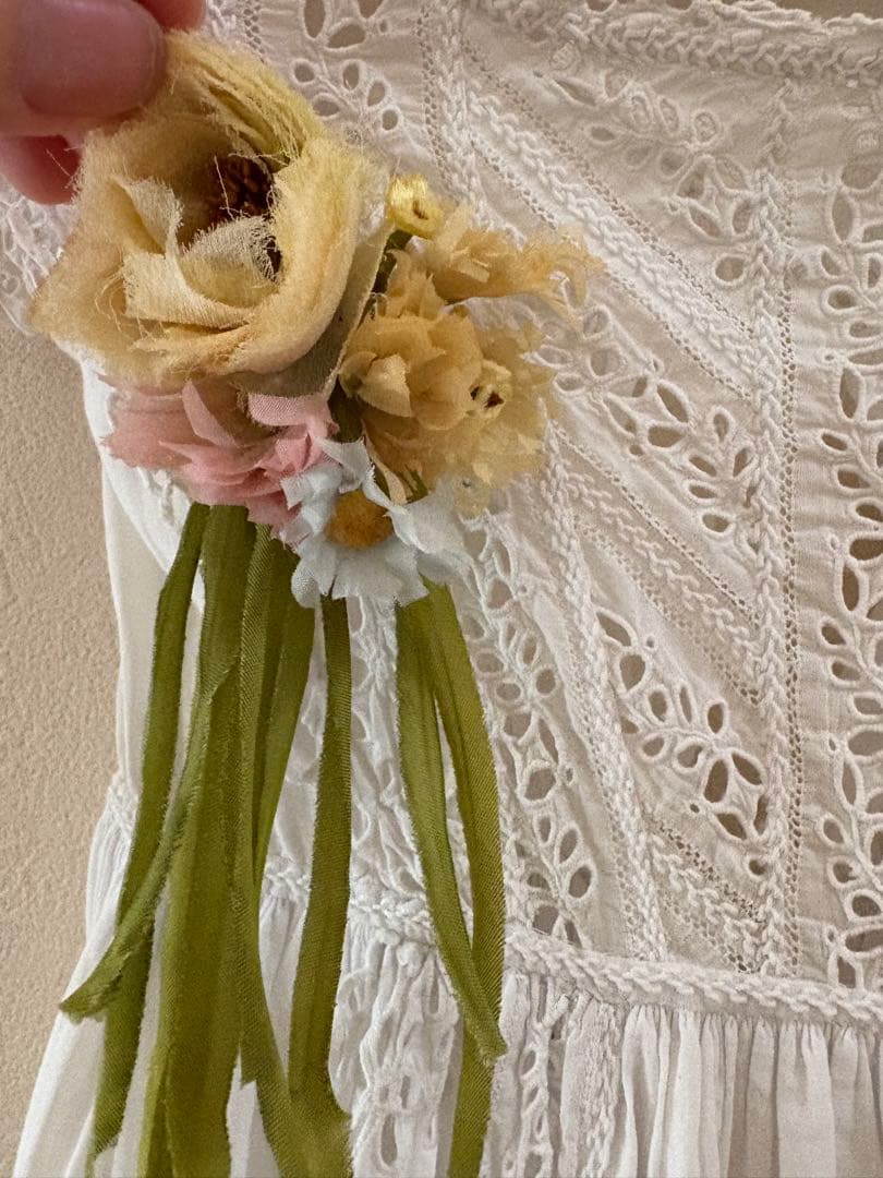 イギリスアンティーク ベビードレス レース 布花 フランスアンティーク