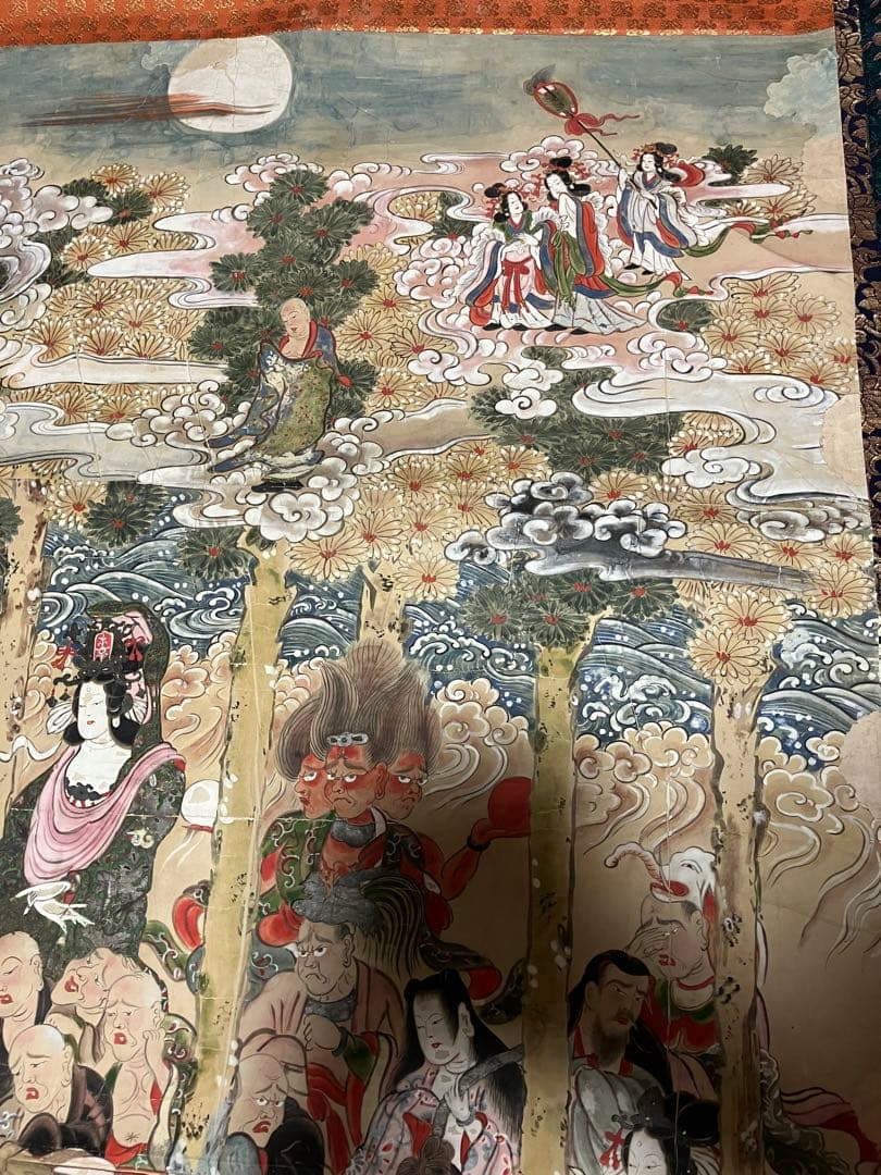 掛軸 超大幅 古仏画 『釈迦涅槃図』 紙本 肉筆 彩色 箱無 仏画 仏教美術