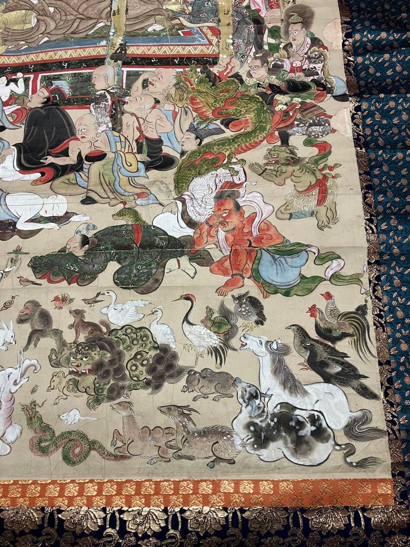 掛軸 超大幅 古仏画 『釈迦涅槃図』 紙本 肉筆 彩色 箱無 仏画 仏教美術