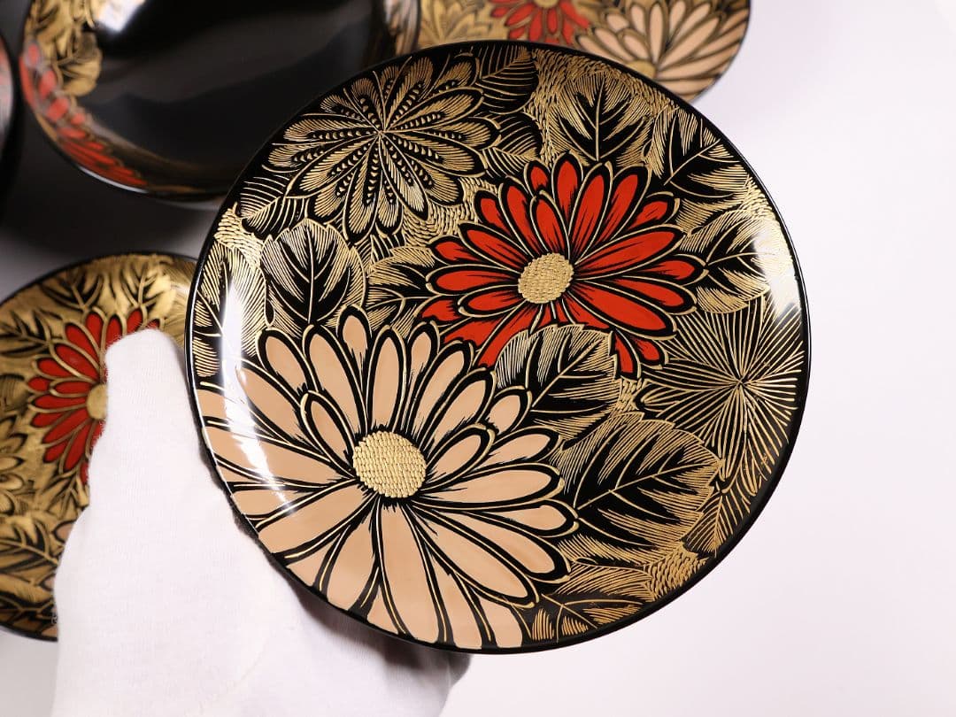 【CM366】輪島塗 塩徳屋漆器店 沈金 菊尽 煮物椀 五客 木製漆器 黒塗