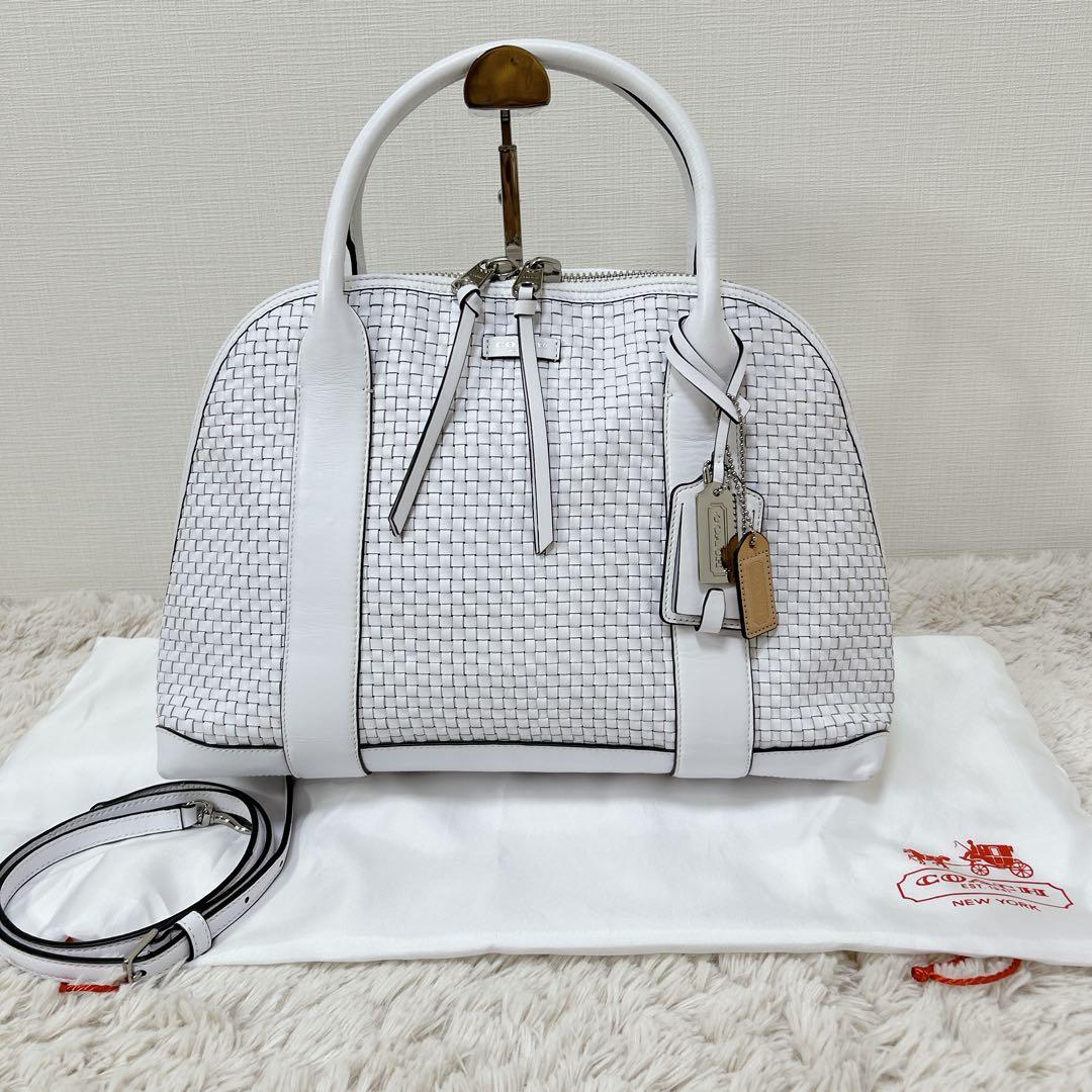 上品 COACH レザー ハンドバッグ ショルダー 2way 編み込み ホワイト
