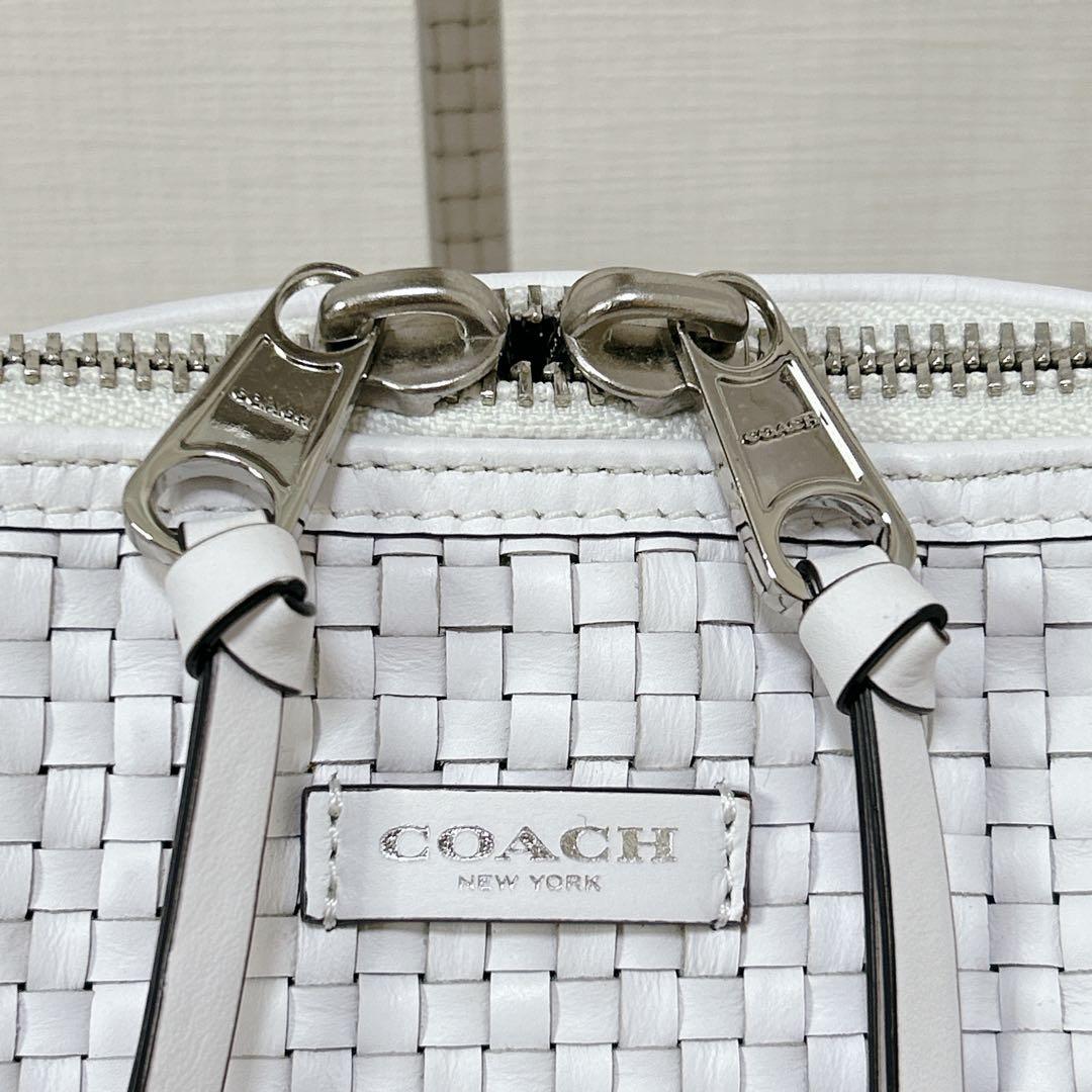 上品 COACH レザー ハンドバッグ ショルダー 2way 編み込み ホワイト