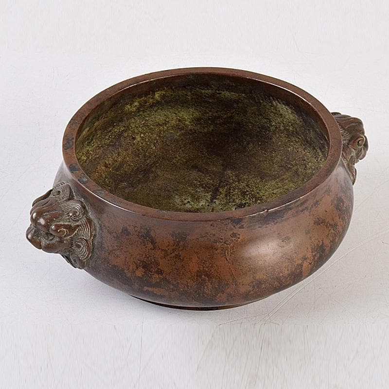 NM　中国　古銅　双獅子耳香炉　在銘　M　R9067