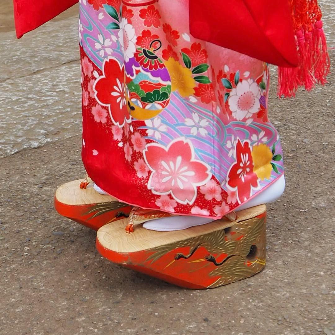 七五三　7歳　ぽっくり下駄　オレンジ系