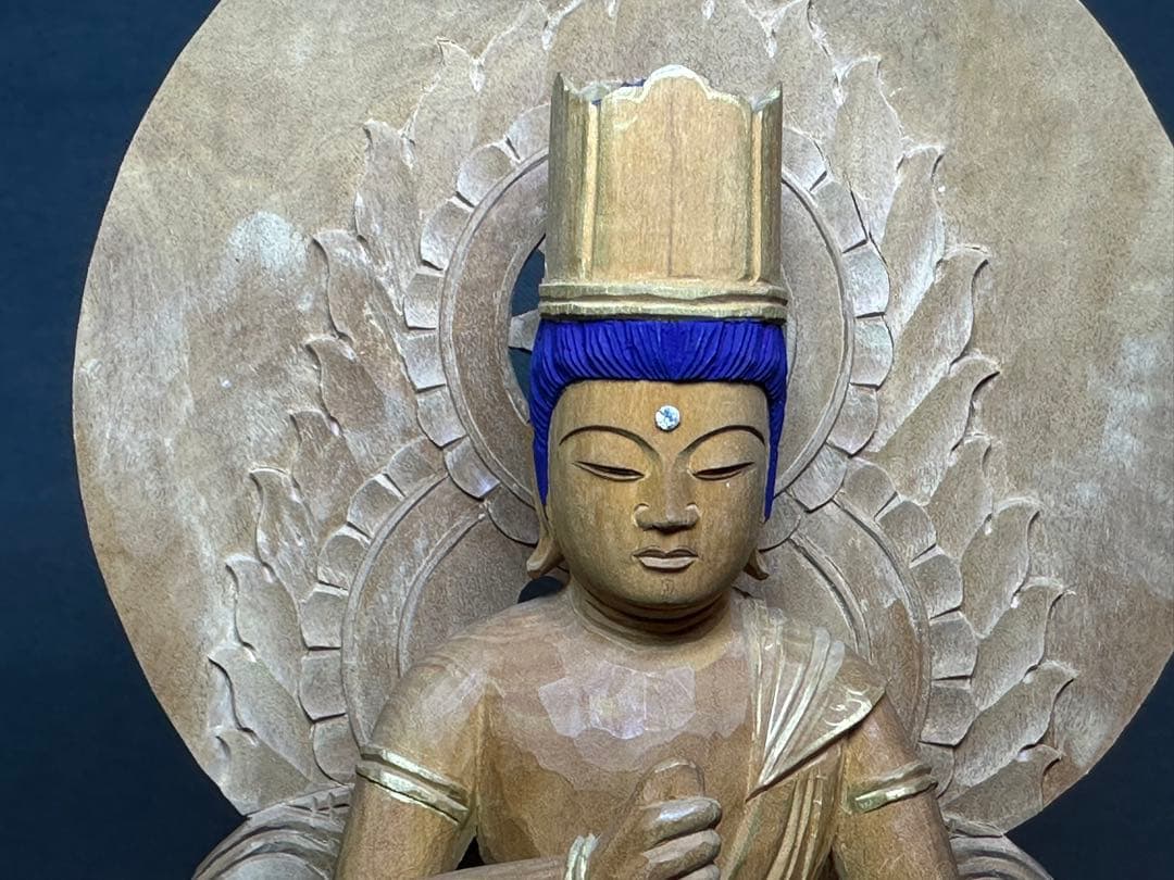 白檀　金泥書　大如来3寸　六角ケマン台　木彫り　仏像　アンティーク　置物　骨董