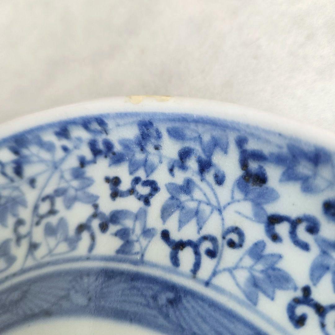 古伊万里　染付　六寸皿　江戸時代　花唐草　金直し　金継ぎ　骨董　アンティーク