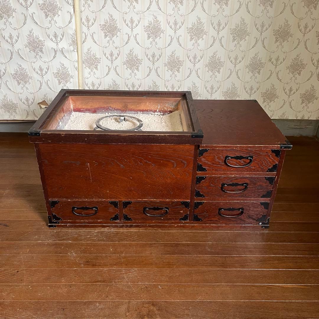 【アンティーク】昭和レトロ 木製 関東火鉢 長火鉢 引き出し付 囲炉裏 古道具