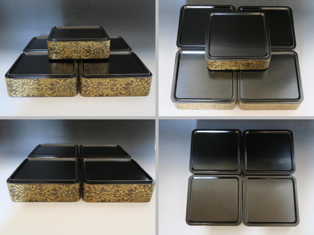 【輪島塗】極上総菊詰沈金 五段重箱 内朱塗 隅丸 蓋横菊彫 天然木 共箱