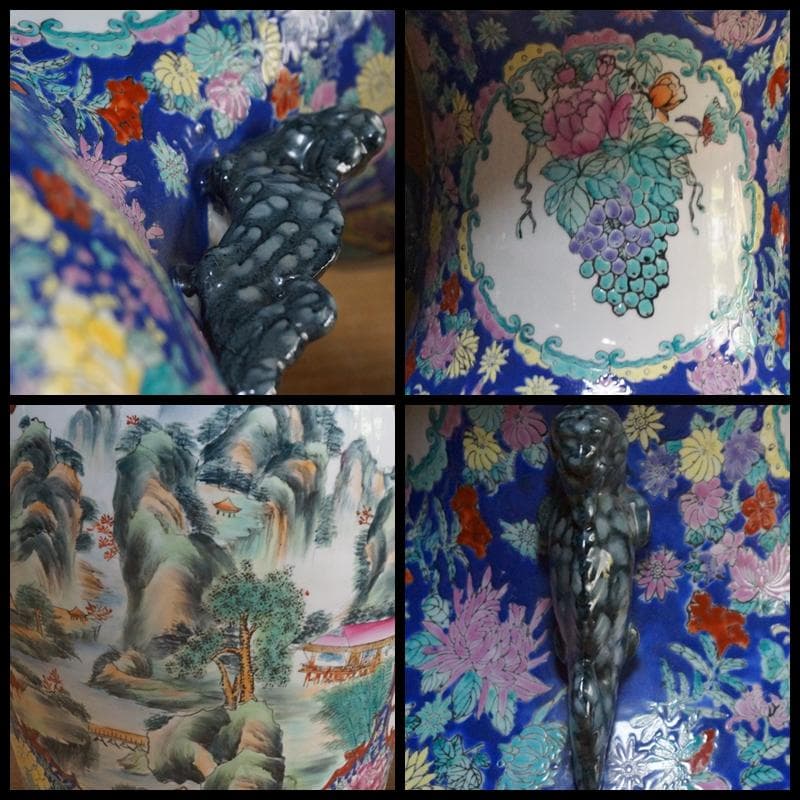 超特大型 景徳鎮製 粉彩色絵窓絵『山水風景孔雀牡丹祥瑞文』飾り壺花瓶高79cm