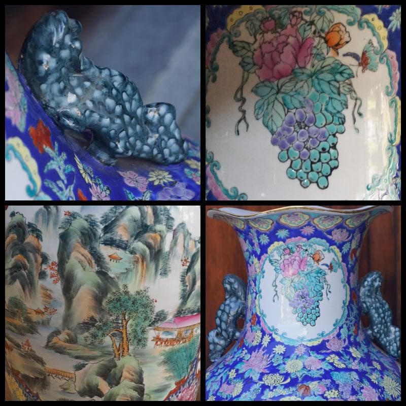 超特大型 景徳鎮製 粉彩色絵窓絵『山水風景孔雀牡丹祥瑞文』飾り壺花瓶高79cm