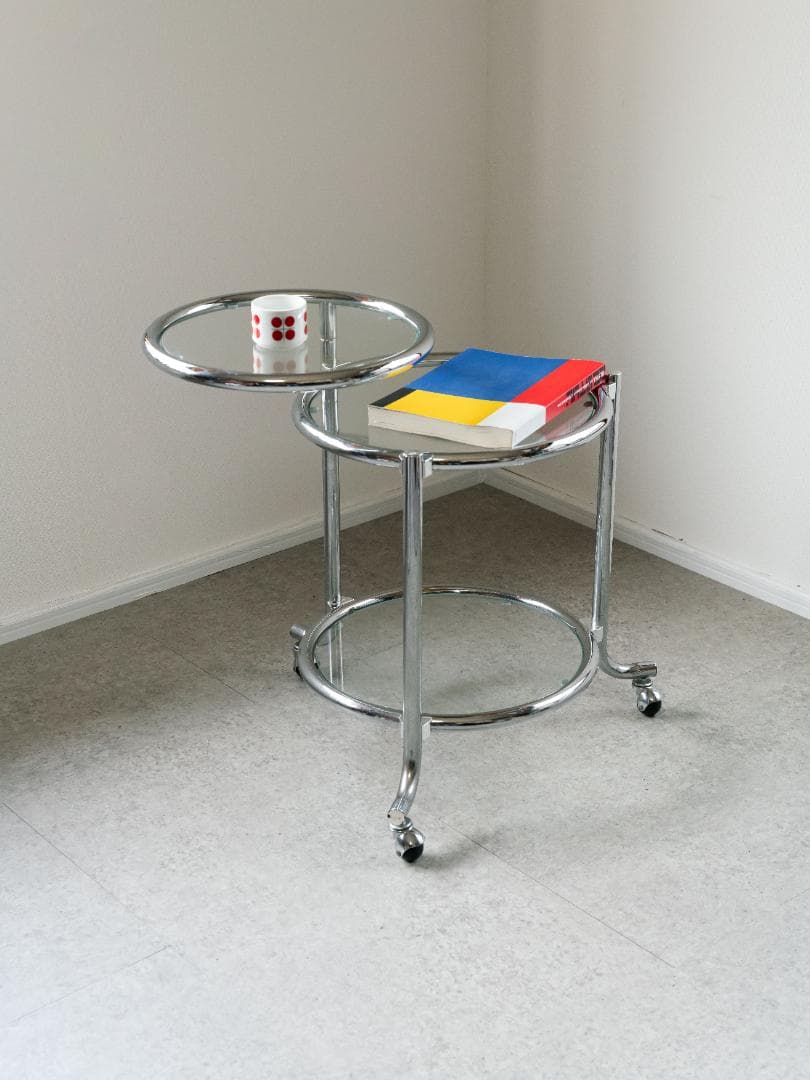 ヴィンテージ　3段 ガラスラウンドテーブル　ワゴン　ミッドセンチュリー　モダン