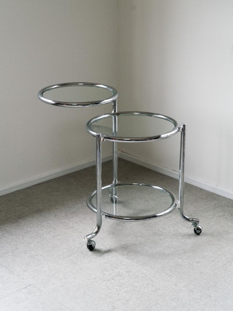 ヴィンテージ　3段 ガラスラウンドテーブル　ワゴン　ミッドセンチュリー　モダン