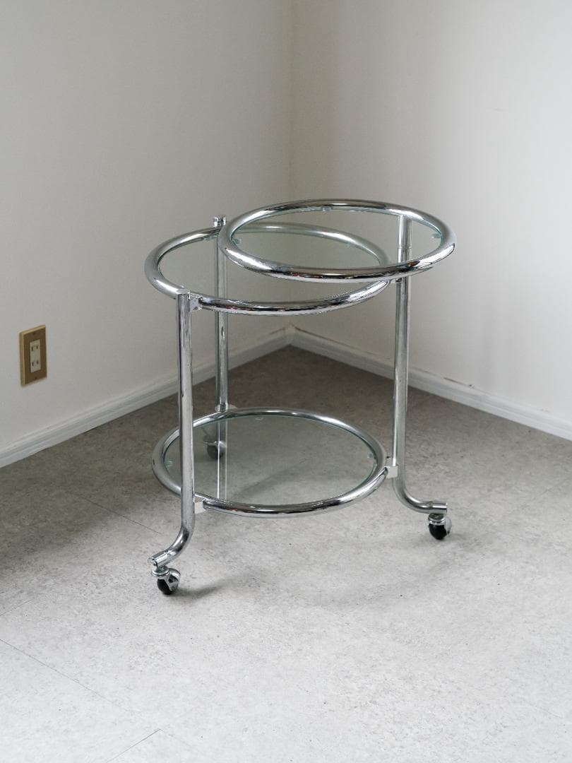 ヴィンテージ　3段 ガラスラウンドテーブル　ワゴン　ミッドセンチュリー　モダン