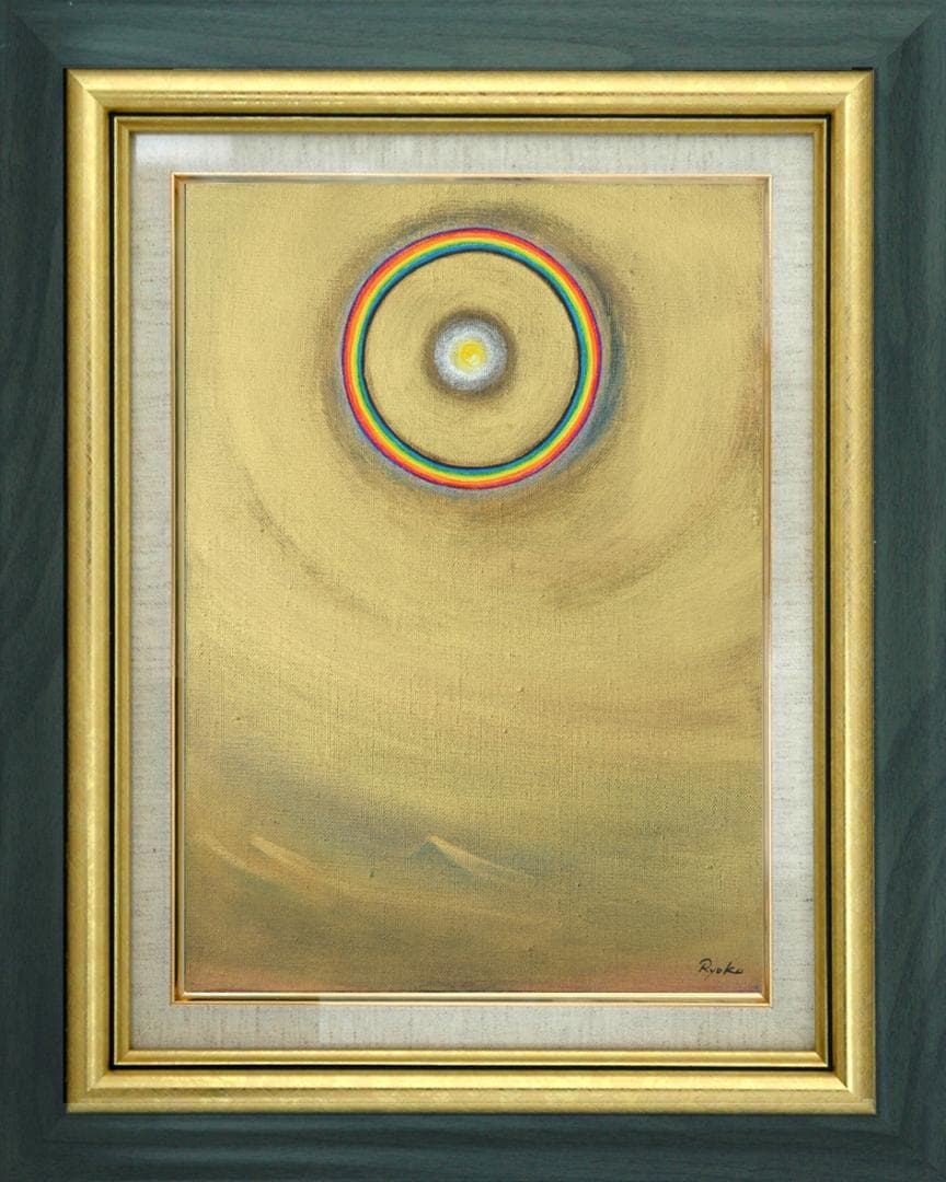 油絵 菅家令子 絵 絵画インテリア額付(青緑＋金色の枠)F4-G202023祈り