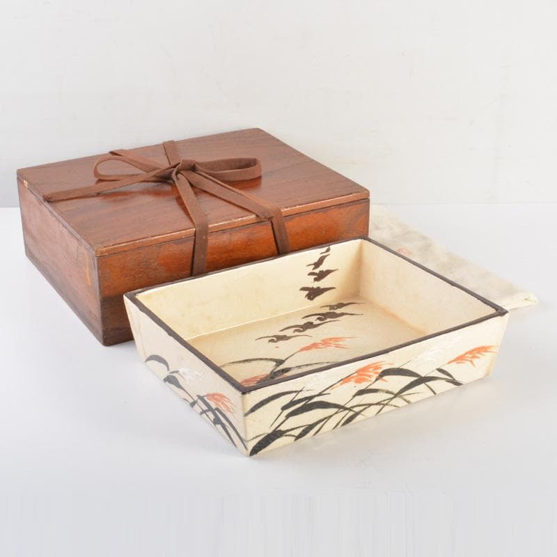 大東製陶　色絵草鳥文　四方鉢　共布　時代箱付　C　6677