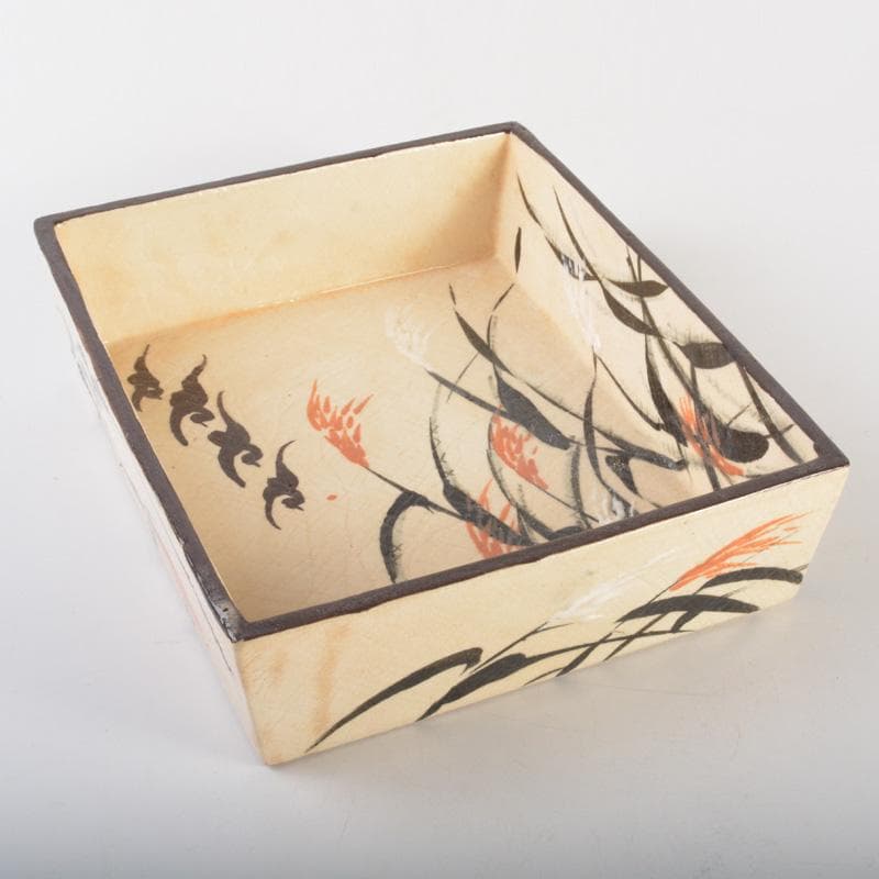 大東製陶　色絵草鳥文　四方鉢　共布　時代箱付　C　6677