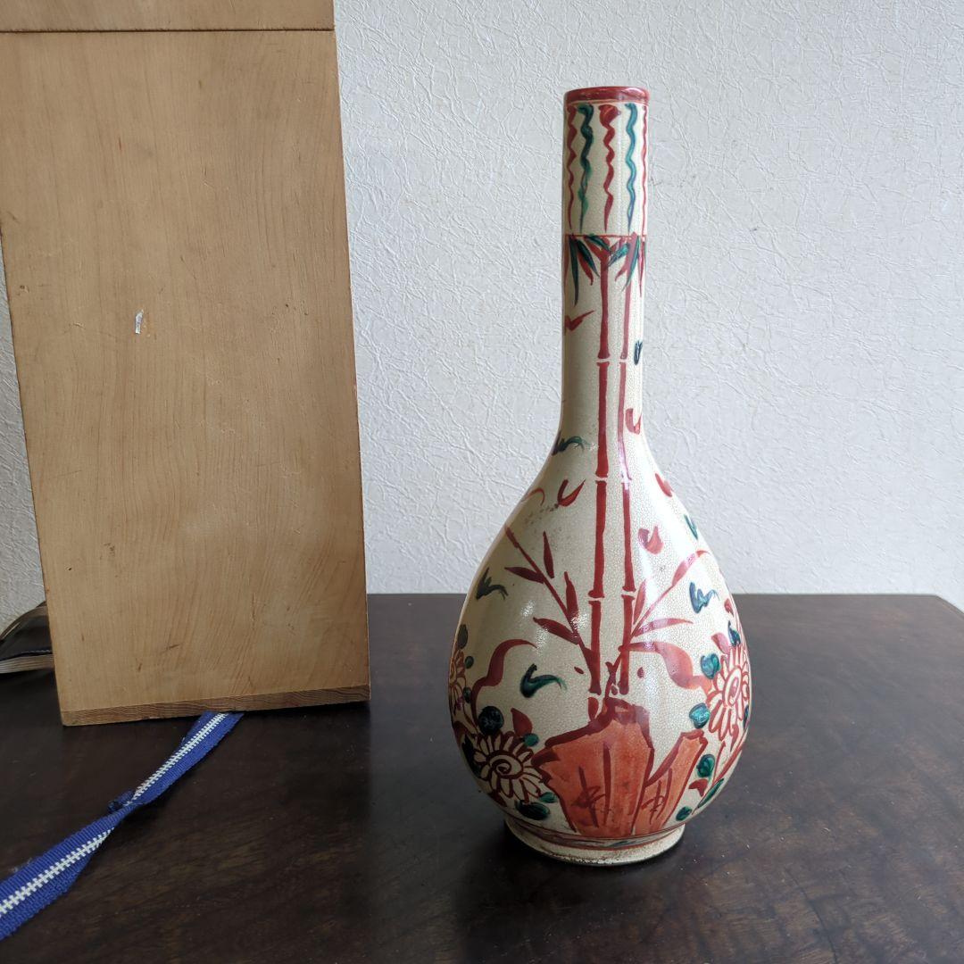 骨董 木米造 花瓶 鶴首 赤絵 花入 茶道具 茶道 陶器 木箱
