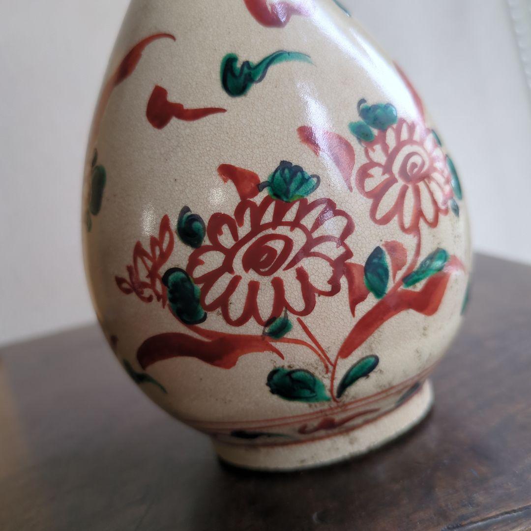 骨董 木米造 花瓶 鶴首 赤絵 花入 茶道具 茶道 陶器 木箱
