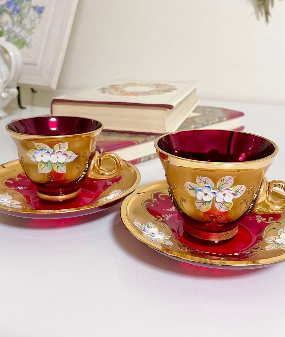 ラグーナ・ムラノ・グラス ヴェネチアガラス 赤 金彩 金盛 カップソーサー