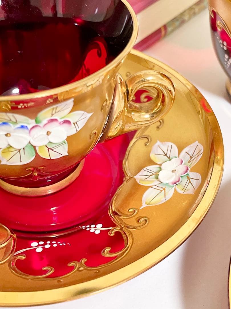 ラグーナ・ムラノ・グラス ヴェネチアガラス 赤 金彩 金盛 カップソーサー