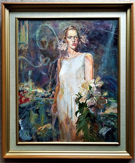 行縄博文　F15号　スポットライトの美女 　ル・サロン出品のフランス画壇活躍画家