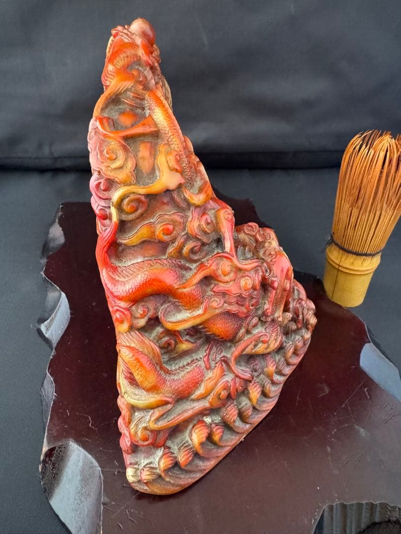 石材彫 龍 彫刻 置物 台座 魔除　風水 開運 金運 骨董 美術 アンティーク